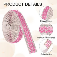 3 Pcs 3 Yard Pearl Rhinestone Ribbons, 1.5cm Pearls Rhinestone Tape Pink