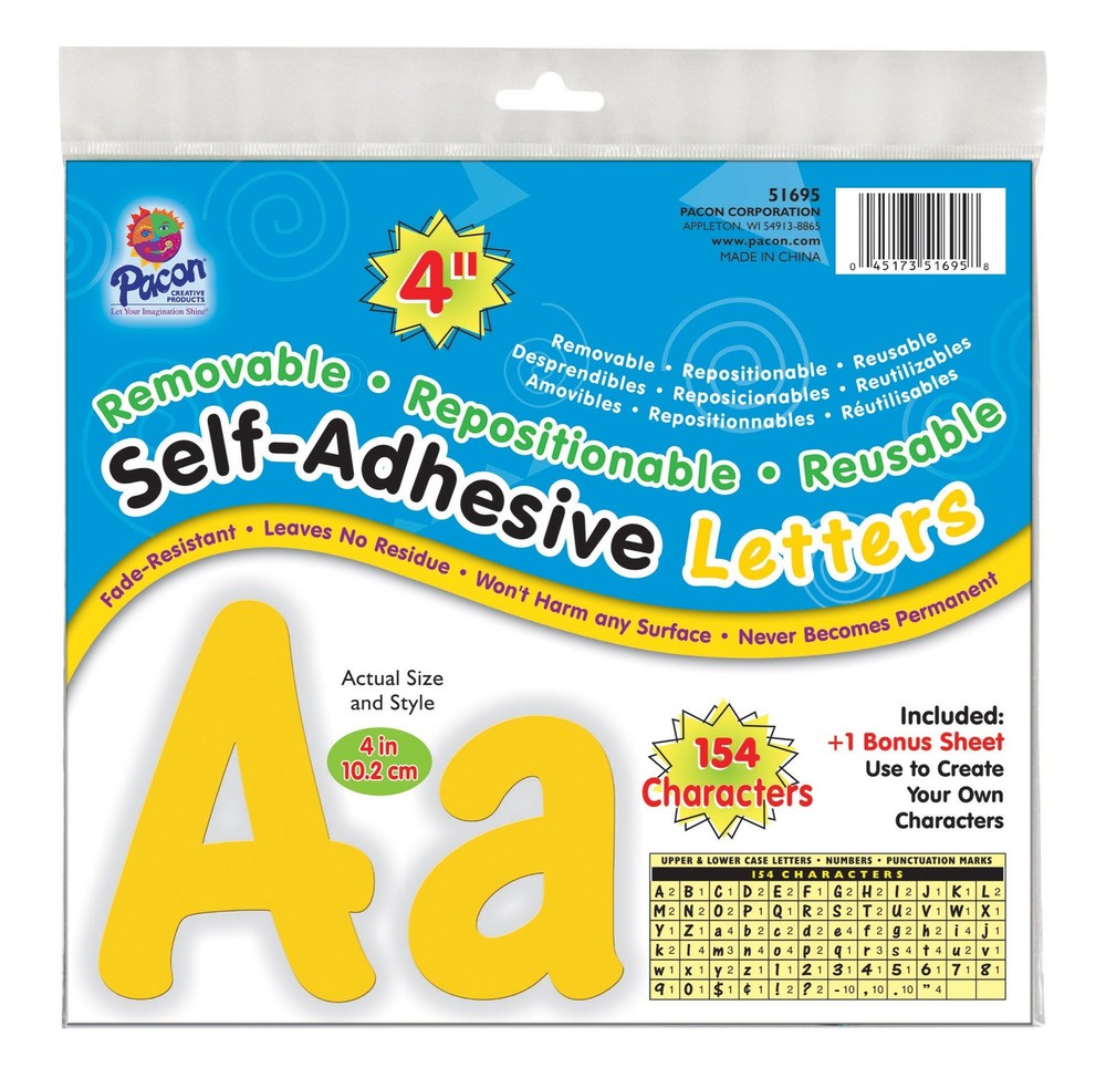 154-Count Self-Adhesive Letters, 4, Uppercase, Lowercase, Yellow, 51695