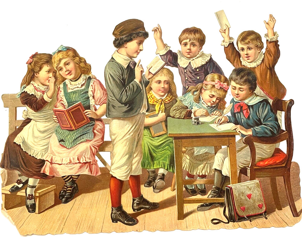 Large Fantastic Victorian Die Cut w/ Young Boy Teaching a School Class *