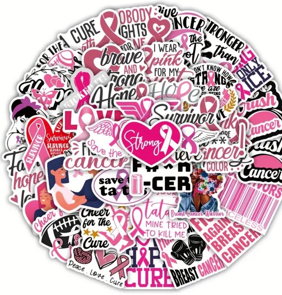 50 Pieces Pink Ribbon Breast Cancer Awareness Waterproof Stickers Motivational