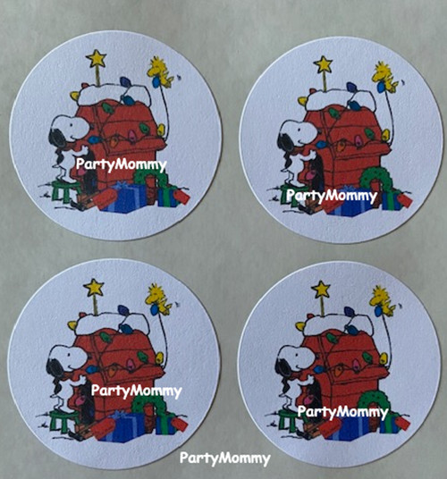 SNOOPY CHRISTMAS STICKERS, ENVELOPE SEALS, LABELS, 1.5″, (30) ROUND, TAGS