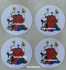 SNOOPY CHRISTMAS STICKERS, ENVELOPE SEALS, LABELS, 1.5″, (30) ROUND, TAGS