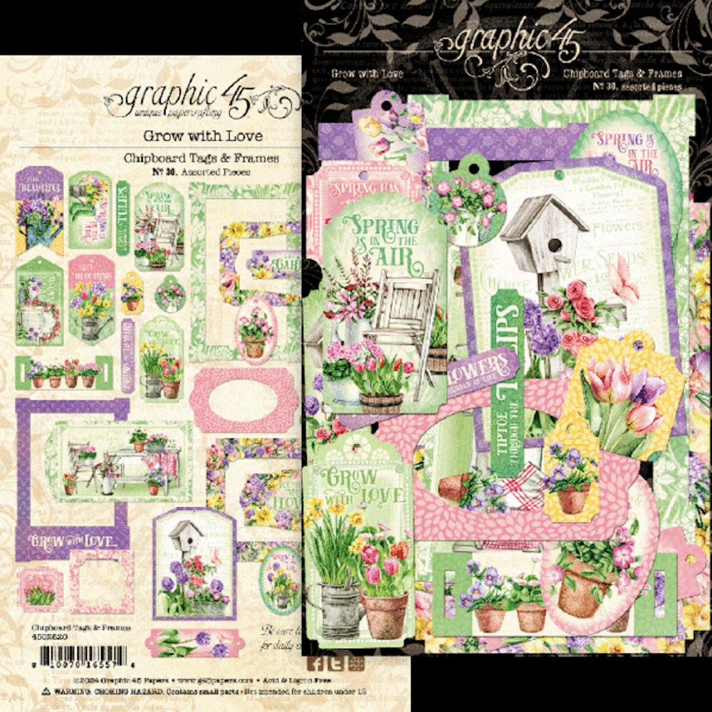 Graphic45 GROW WITH LOVE (30PC) CHIPBOARD TAGS & FRAMES scrapbooking GARDEN