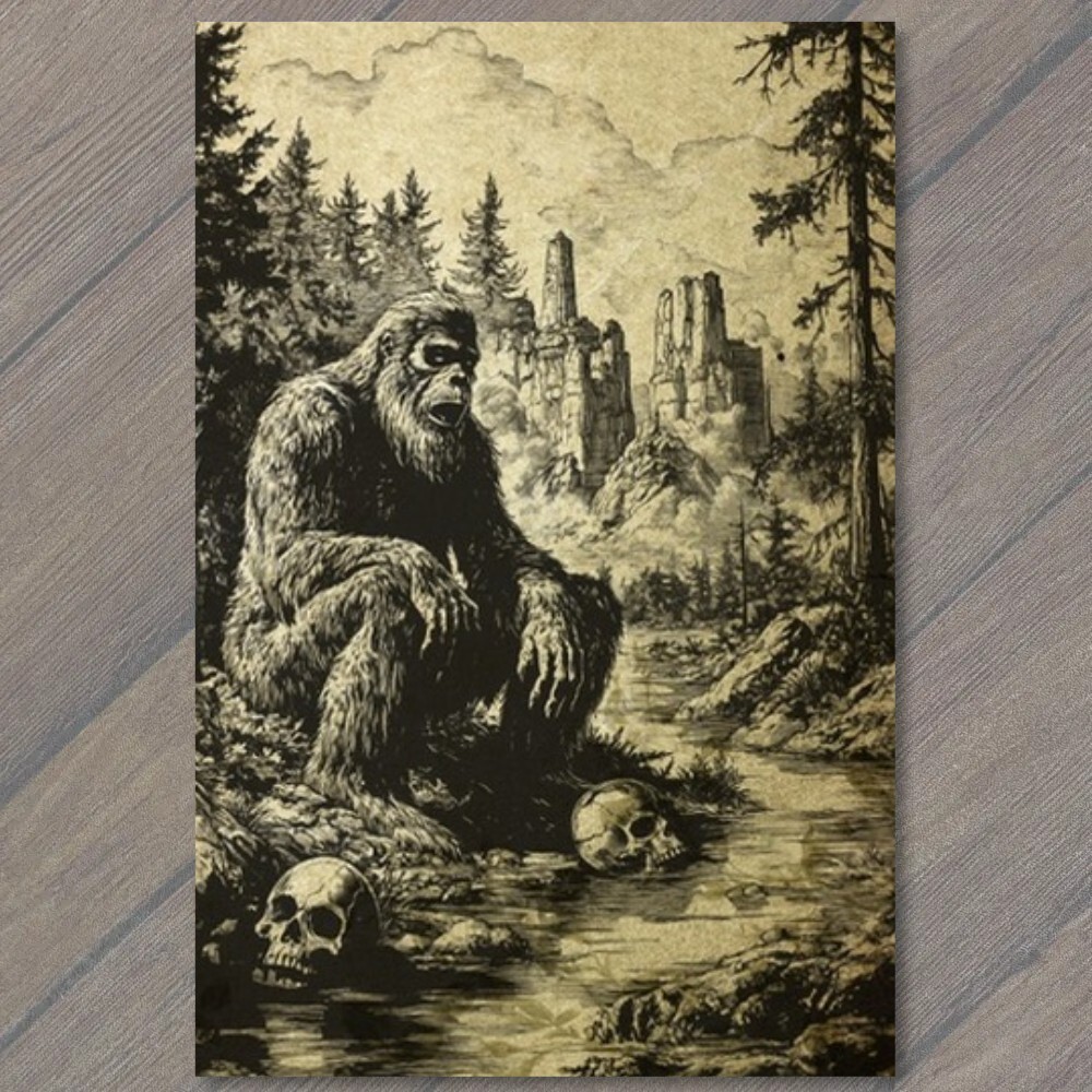 STICKER Bigfoot Walking Moonlit Forest Skulls Trees Mythical Creature Strange