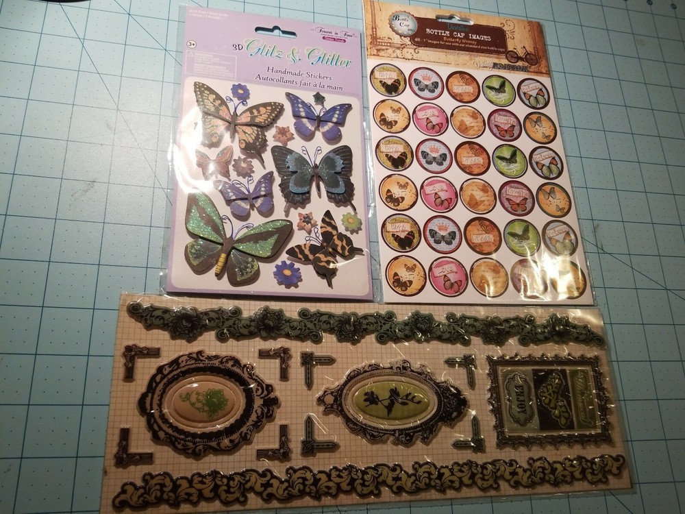 Scrapbooking Butterfly Set of 3 Items: Glittery, Bottle Caps & Puffy Decor – NEW