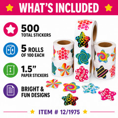 500 Funky Pattern Star Stickers – 1.5″ Multicolor Paper Sticker Rolls