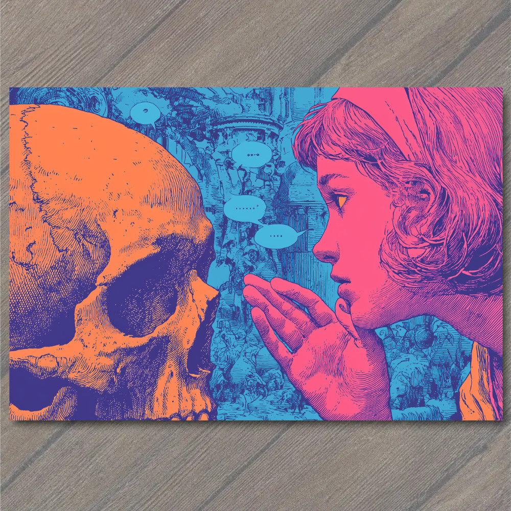 STICKER Neon Pink Girl Orange Skull Blue Background Surreal Gothic Pop Art