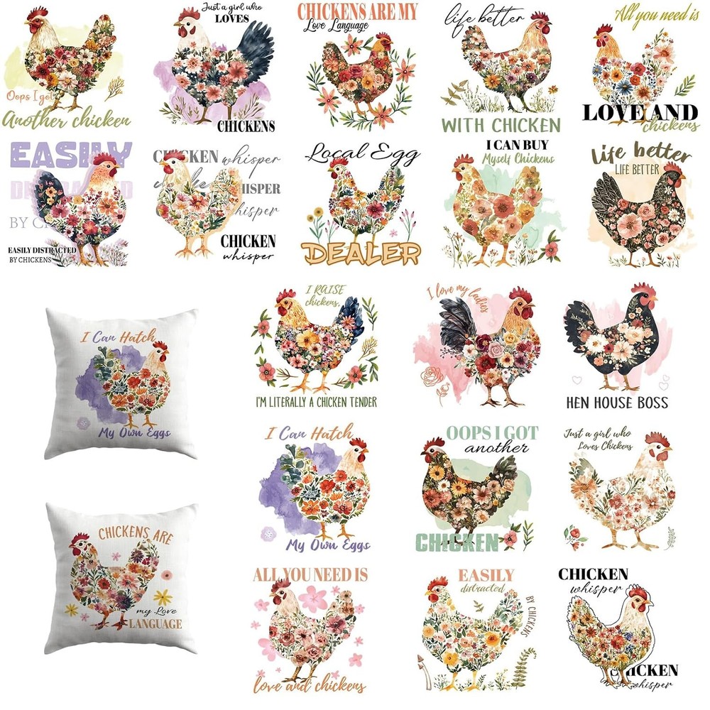 Dazoratix Chicken Iron on Transfers – 20 Sheets Colorful Floral DTF Ready to Pre