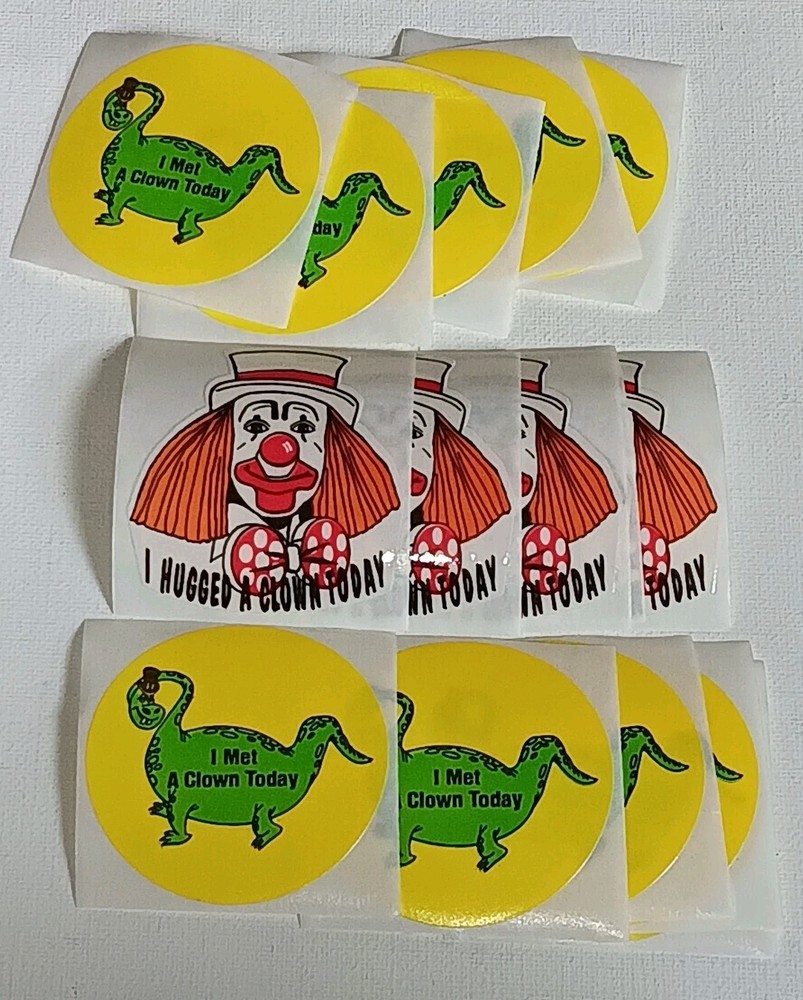 15 Vintage Stickers «I MET, HUGGED A Clown Today» Dinosaur & Clown (Dragon? OOAK