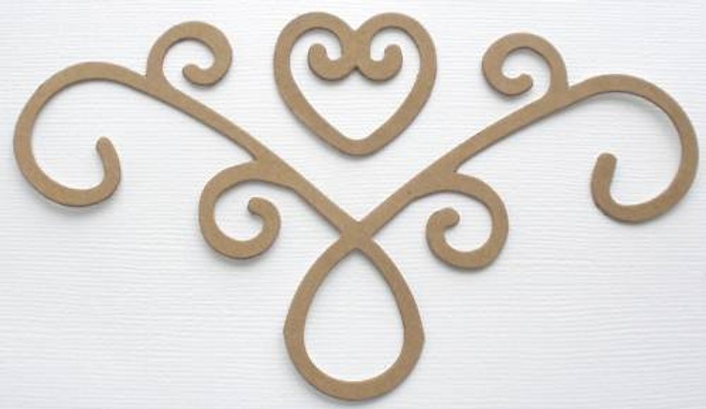 (6) CORNER FLOURISH – Accent w/ Heart- Bare Chipboard Die Cut – 5 3/4″