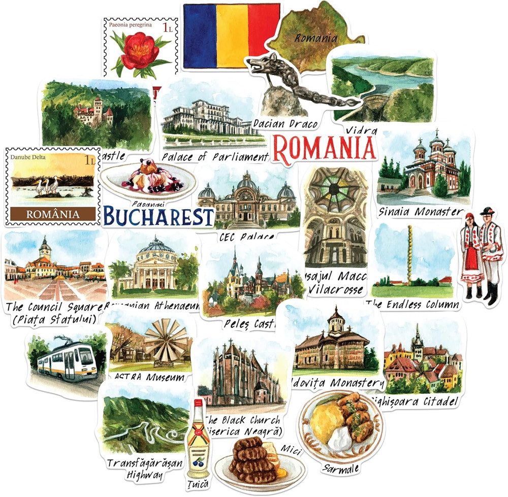 Remarkable Romania Travel Stickers (28Pcs) – Die-Cut, Watercolor, Bucharest Vaca