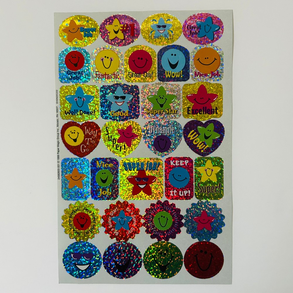 Vintage 1999 Sparkle Glitter Stickers SMILEY FACES STARS HEARTS