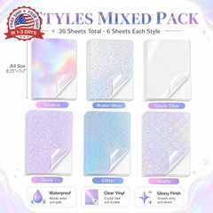 36 Sheets Holographic Sticker Paper Holographic Clear Vinyl Self Adhesive Waterp