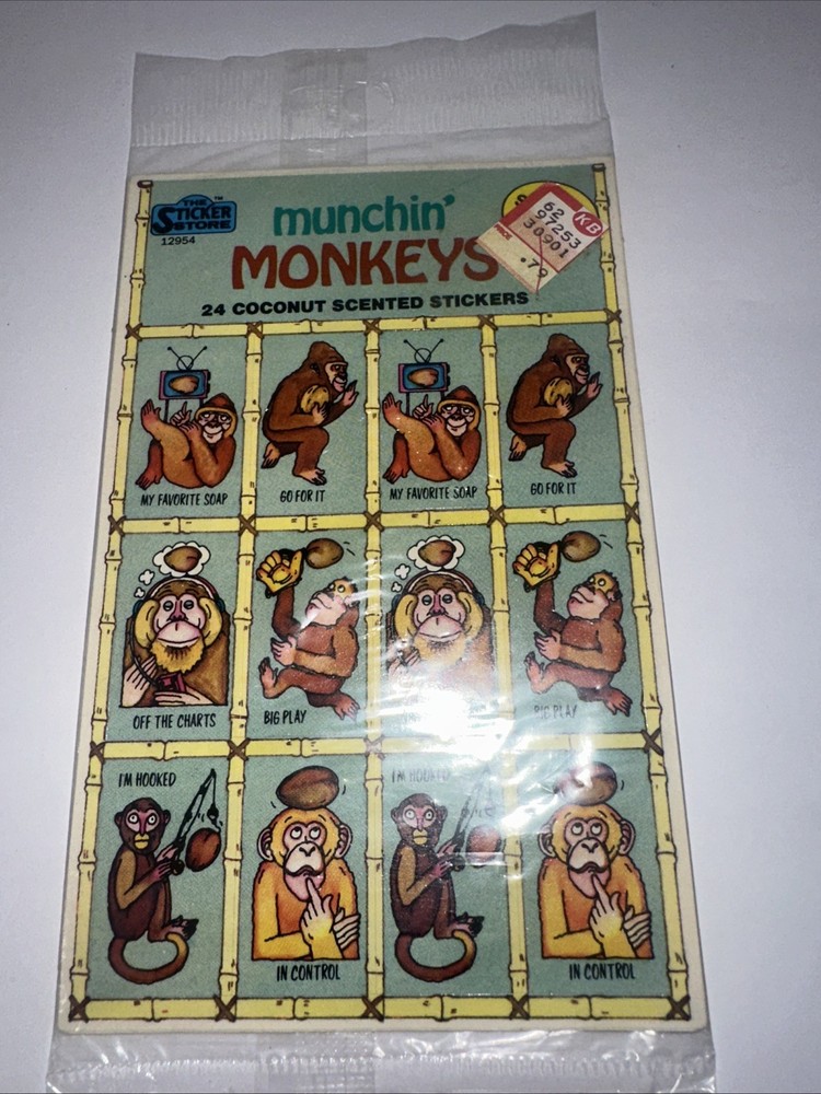 Vintage MUNCHIN’ MONKEYS coconut SCRATCH-N-SNIFF stickers SEALED