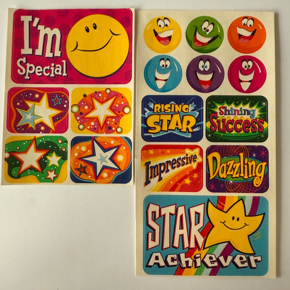 Vintage 16 Merit Stickers Bright emotion Smiley Happy Face Star Smile Faces vtg