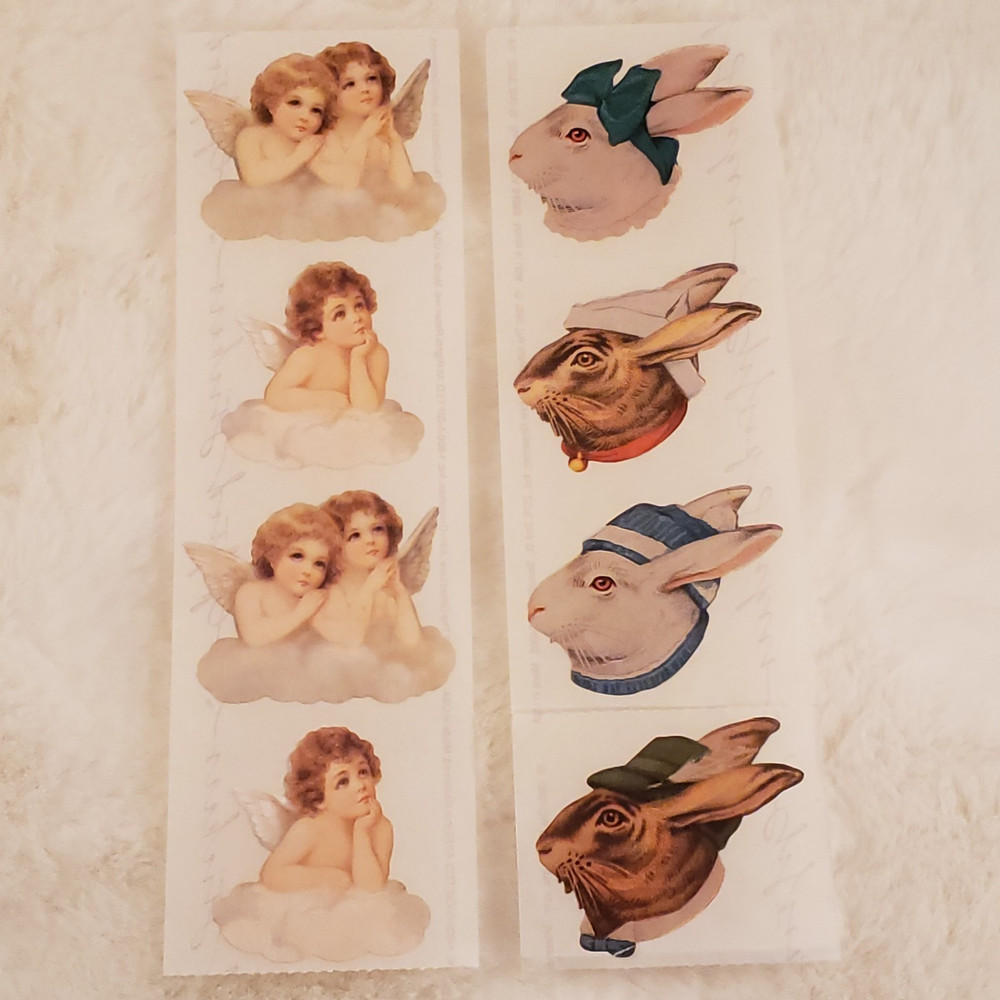 Vintage 90s John Grossman Gifted Line Stickers Angels Cherubs, Rabbit – 2 Strips