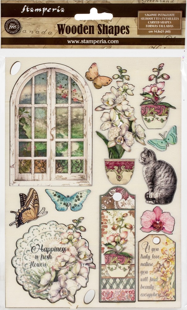 Stamperia Wooden Shapes A5 Window, Orchids & Cats