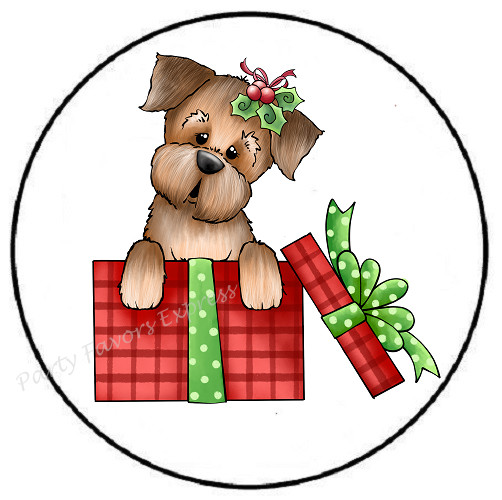 PUPPY DOG IN GIFT BOX CHRISTMAS ENVELOPE SEALS LABELS STICKERS PARTY FAVORS