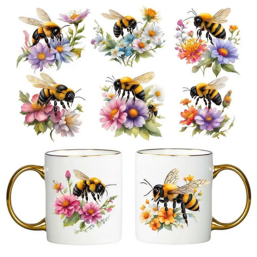 8pcs Flower and Bee DTF Cup Wraps Winter UV DTF Transfer Waterproof Sticker f…