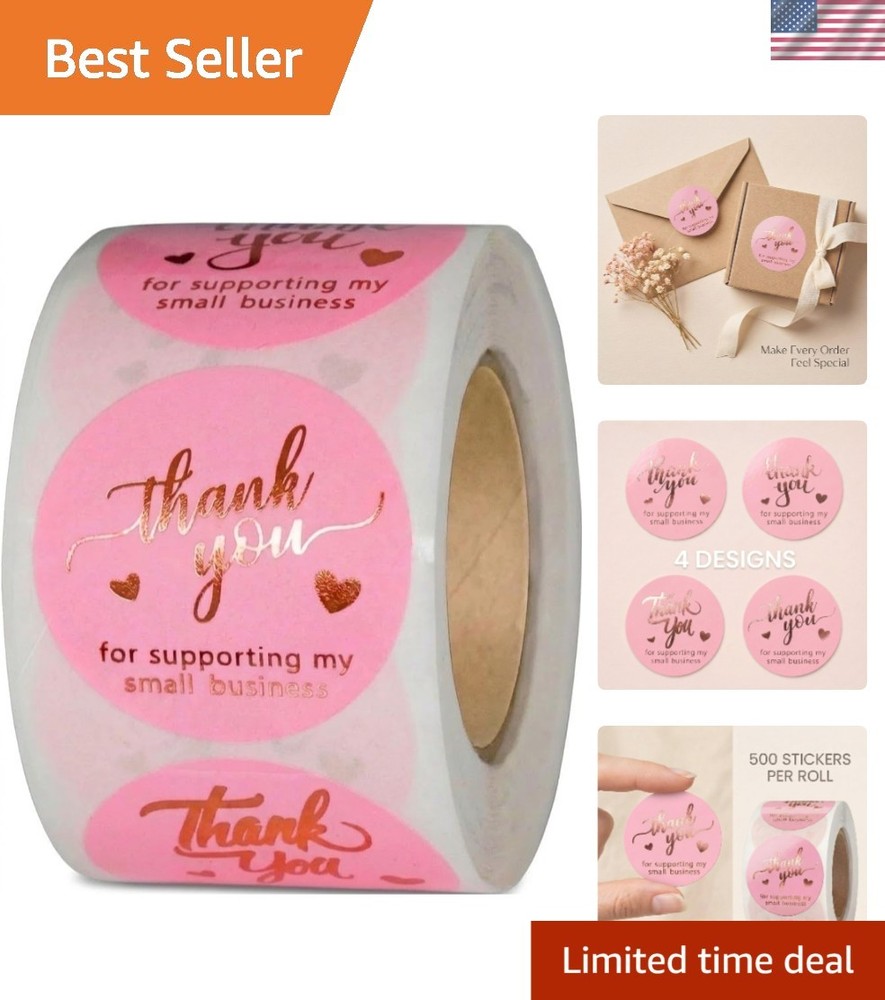 500 Elegant 1.5 Inch Pink & Rose Gold Thank You Stickers – Waterproof & Durable