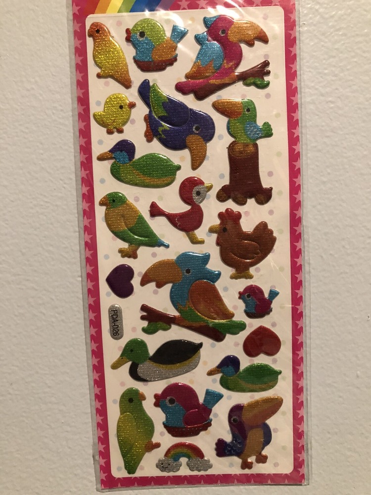 Kawaii Colourful Parrots And Birds Glitter Puffy Sticker Sheet Scrapbooking Kids