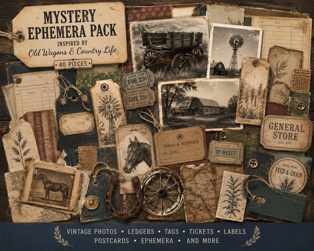 40 Piece Rustic Farm Wagon Mystery Ephemera Pack | Vintage Country Junk Journal
