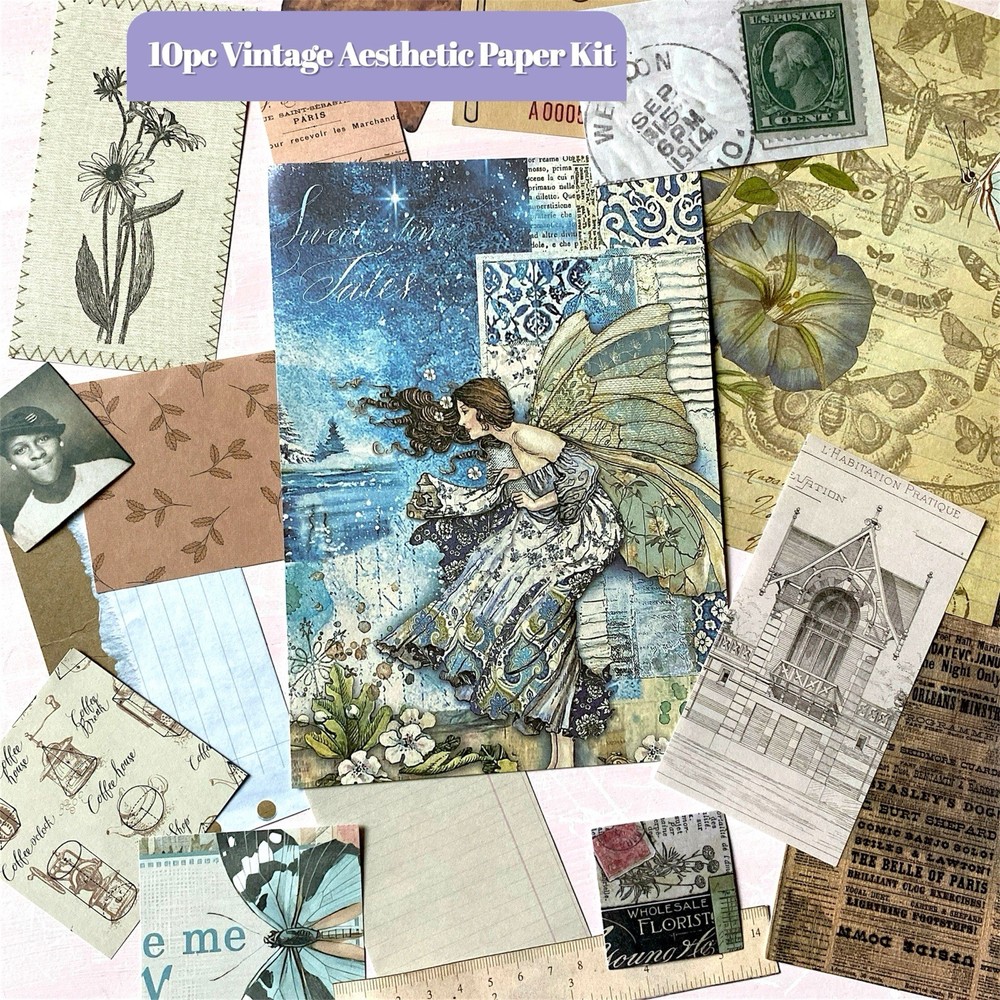 Vintage Inspired Scrapbook Kit – 10pc Ephemera & Decorative Paper Pack Aesthetic