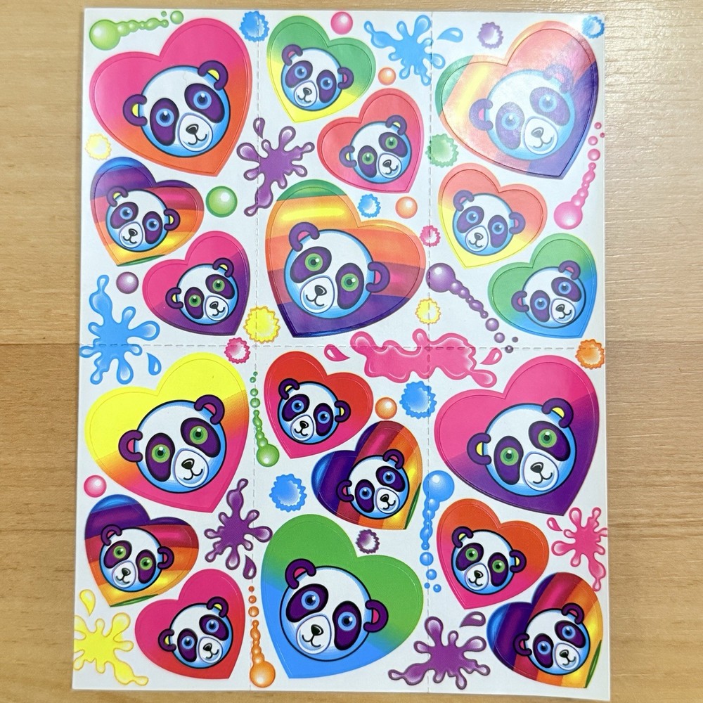Lisa Frank Panda Painter Face Stickers S162 Rainbow Hearts Full Sheet Vintage