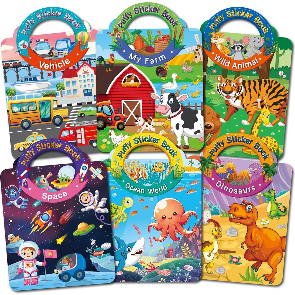 6 Sets 3D Reusable Sticker Books for Toddlers, Puffy Activity Books for Kids