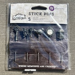 Prima Epiphany Stick Pins Metal Embelishments Bird Clock Butterfly 5pc Crafts