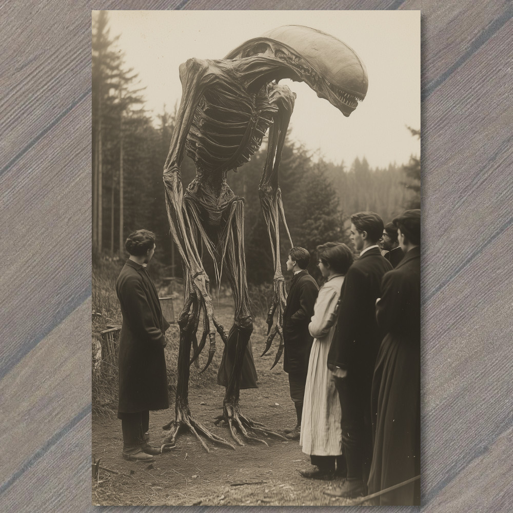 STICKER Tall Alien Skeleton Formal Crowd Retro Vintage Look Photograph Style