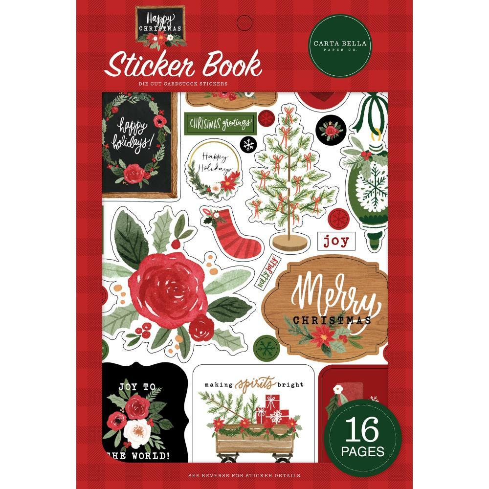 CB Sticker Book Happy Christmas Tree Stocking Ornaments Sleigh Noel Flowers Tags