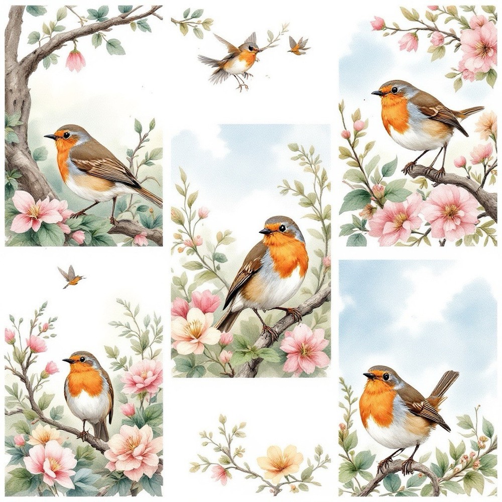 Robin Birds Decoupage Rice Paper For Ornament-Wood Art A4 1 Sheet