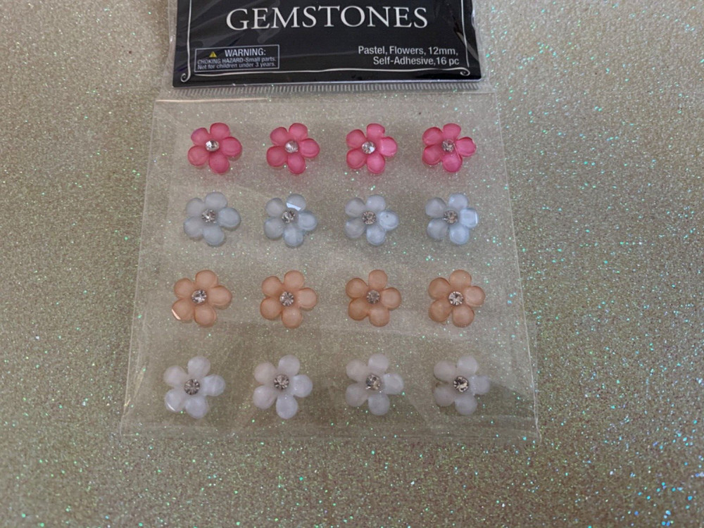 GEMSTONES ADHESIVE ACRYLIC FLOWERS WITH CLEAR CRYSTAL CENTER MULTI-COLOR 16PCS