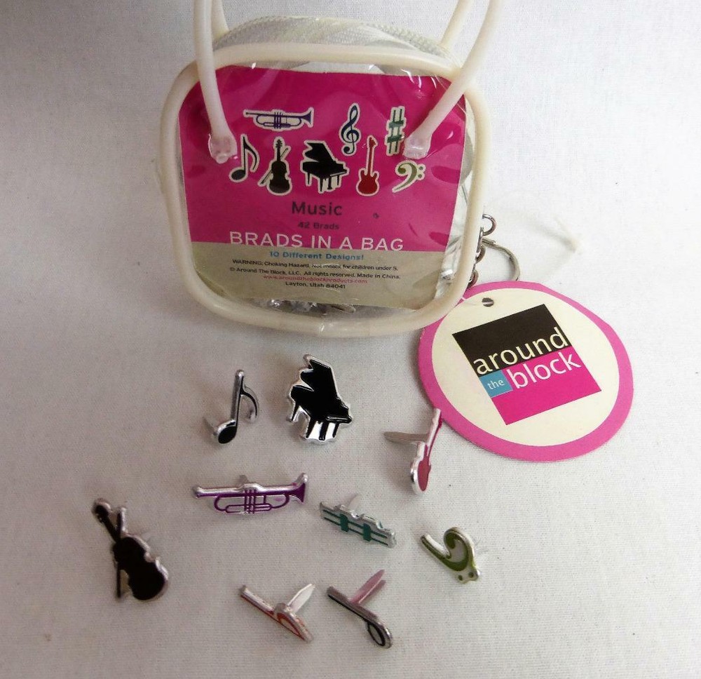 Music Brads in Bag 42 Pieces 10 Designs Piano Guitar Trumpet Treble Clef Sharp