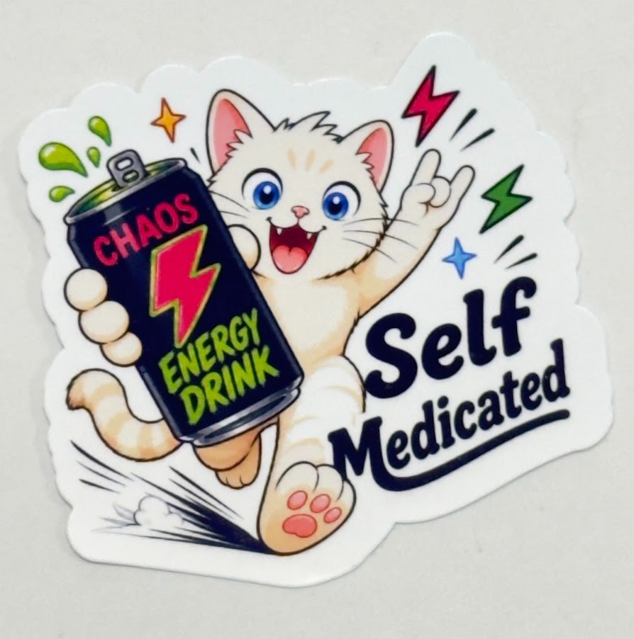 Exclusive R3DTABBY ART «Self Medicated» Cute Cat with Chaos Energy Drink Sticker
