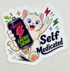 Exclusive R3DTABBY ART «Self Medicated» Cute Cat with Chaos Energy Drink Sticker