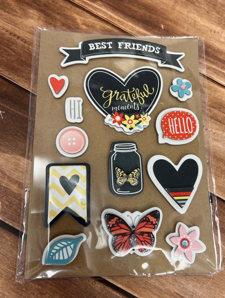 13 3D Embellishment Stickers Best Friend Theme With Heart BUTTERFLY FLOWER