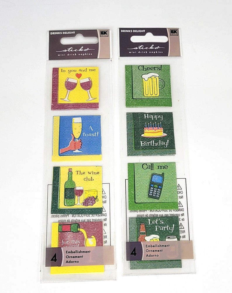 EK Success Sticko (2) MINI DRINK NAPKINS Lot WINE & BEER Stickers Embellishments