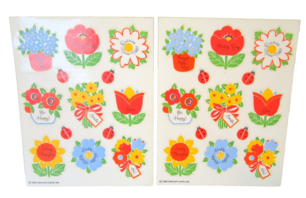 Vintage 1980 Hallmark Cards 2 Sticker Sheets Flowers Floral Ladybug Happy Saying