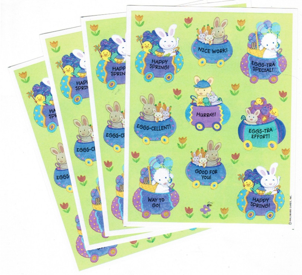 Vintage 4 sheets EASTER Spring Bunny Rabbits Reward Scrapbook Stickers!