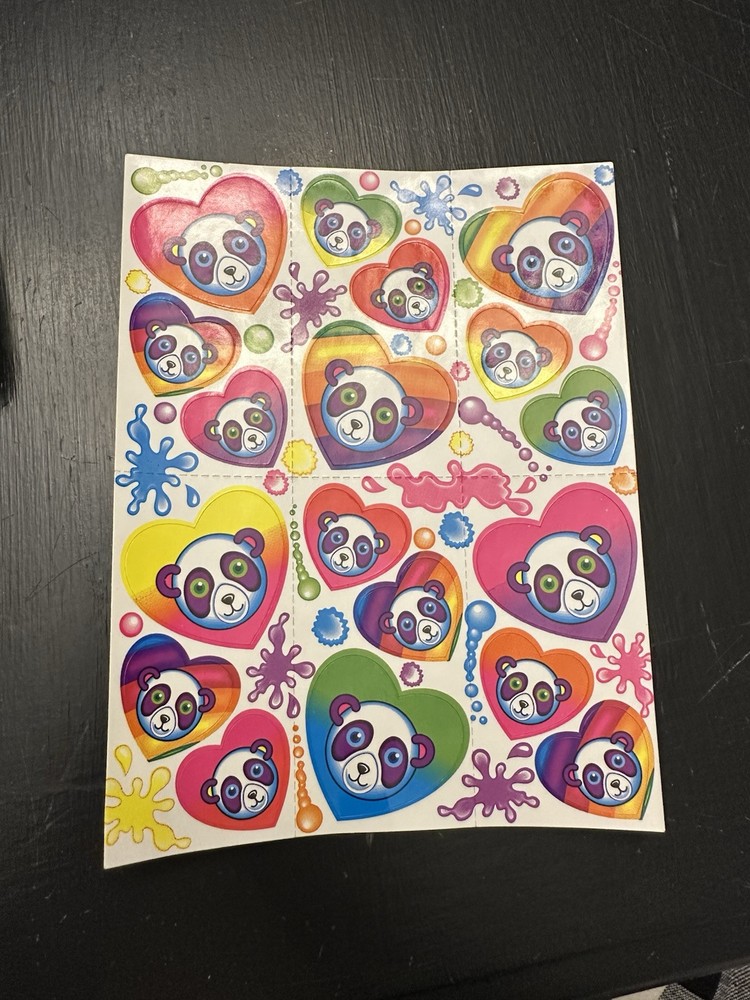 Vintage Lisa Frank Panda Painter Sticker Sheet S162 4×6 Rainbow Hearts