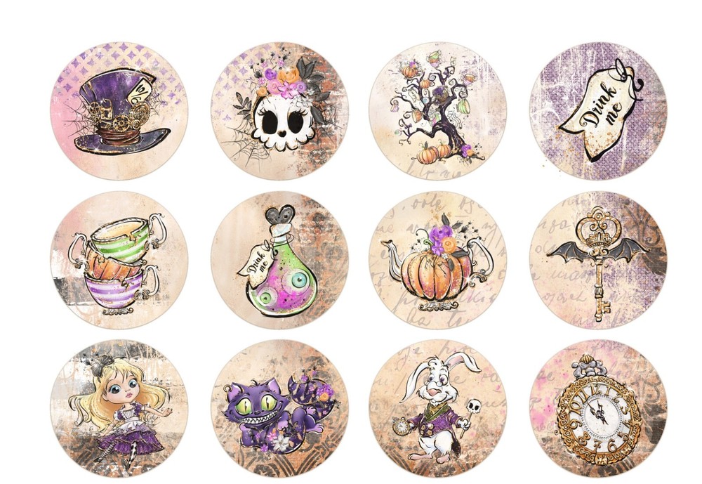 Set of 12 Fun Purple Alice in Wonderland Circle – STICKERS – Just Cut &Use!