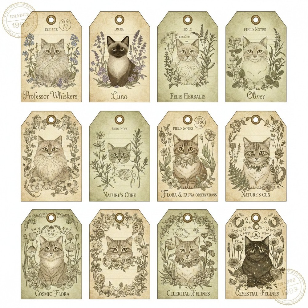 Set Of 12 Cute Vintage Style Cats Tags Junk Journal Scrapbook