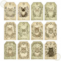 Set Of 12 Cute Vintage Style Cats Tags Junk Journal Scrapbook