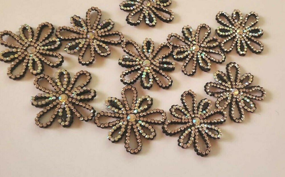 CraftbuddyUS 10pcs x 1.5 in AB Clear Black FLOWER Rhinestone Gems, No Adhesive