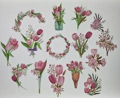 Pink Tulips Floral stickers. 30 stickers. 15 designs-2 each.
