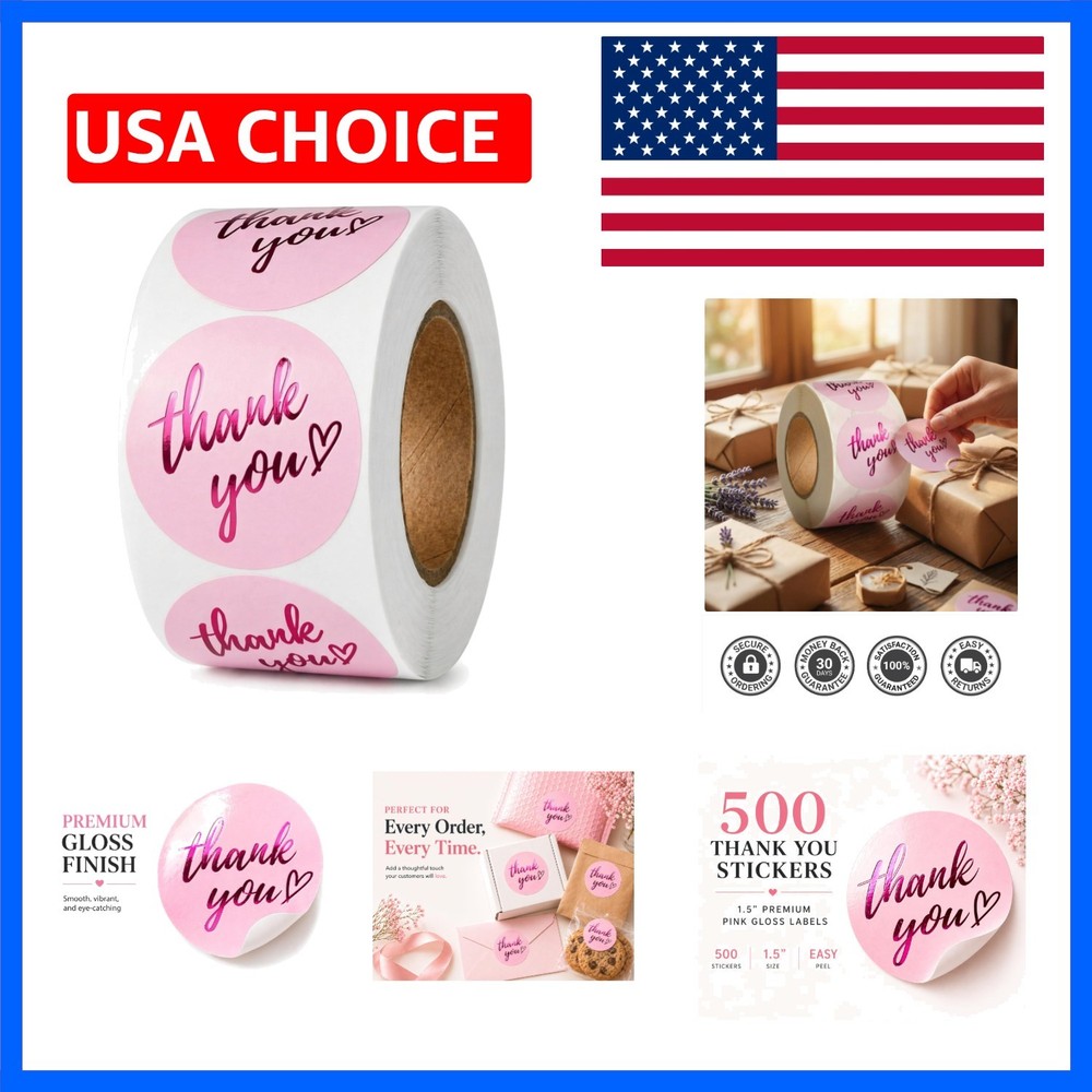 500 Pcs Thank You Stickers – 1.5 Inch Pink Round Labels with Purple Foil Scri…