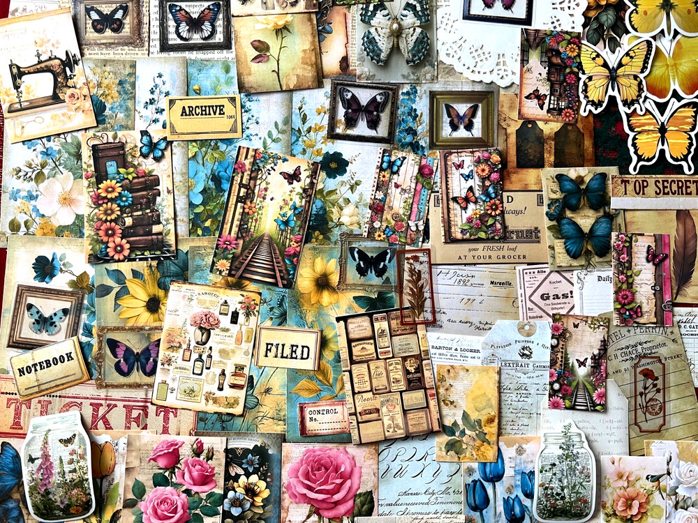 #799 – 20 small pcs – VINTAGE BUTTERFLY FLORAL SCRAPBOOK JUNK JOURNAL KIT / LOT
