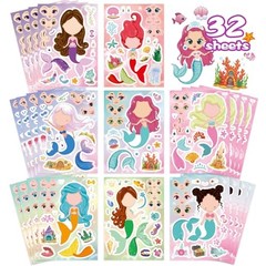32 Mermaid Make a Face Stickers Sheets Kids DIY Art Craft Party Favors Activity